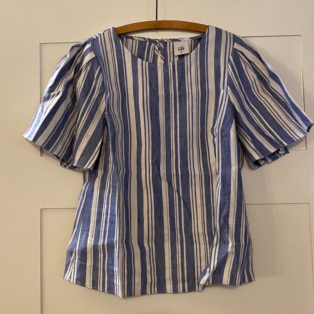Cabi Blue and white strip puff sleeve blouse